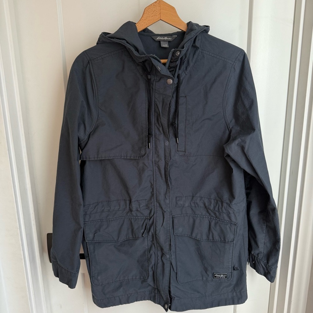Eddie Bauer Jacket Womens Med Navy blue  Windbreaker Utility Travel Hooded Zip